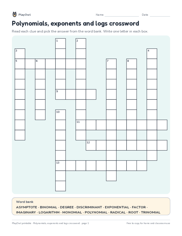 Polynomials, exponents and logs crossword: crossword puzzle for Grade 11, page 1 preview