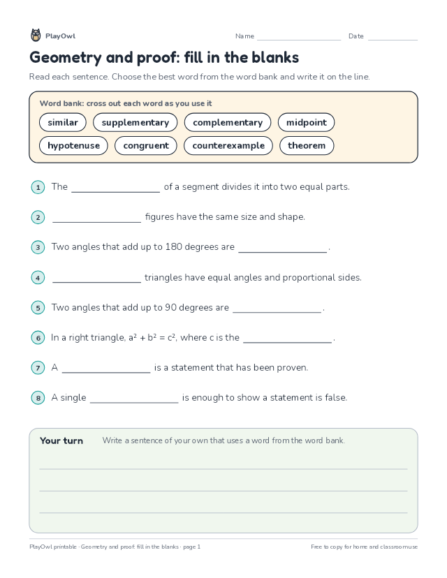 Geometry and proof: fill in the blanks: fill-in-the-blank worksheet for Grade 11, page 1 preview