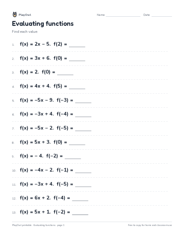 Evaluating functions: math worksheet for Grade 11, page 1 preview