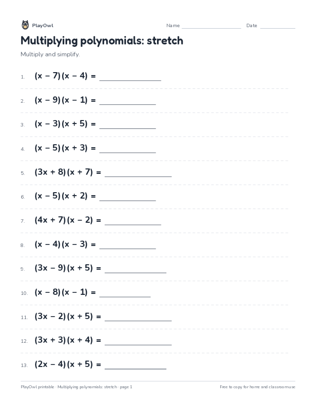 Multiplying polynomials: stretch: math worksheet for Grade 11, page 1 preview