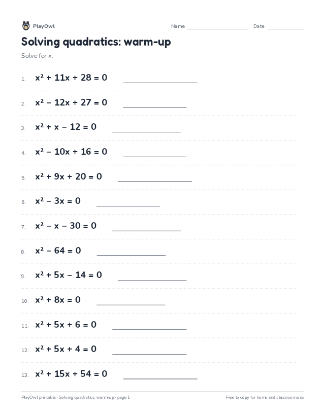Solving quadratics: warm-up: math worksheet for Grade 11, page 1 preview