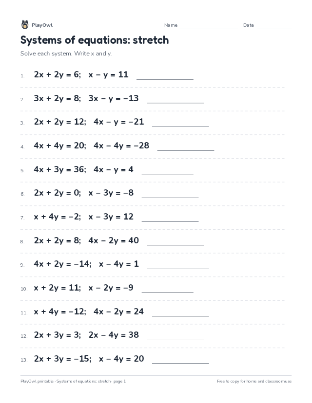 Systems of equations: stretch: math worksheet for Grade 11, page 1 preview