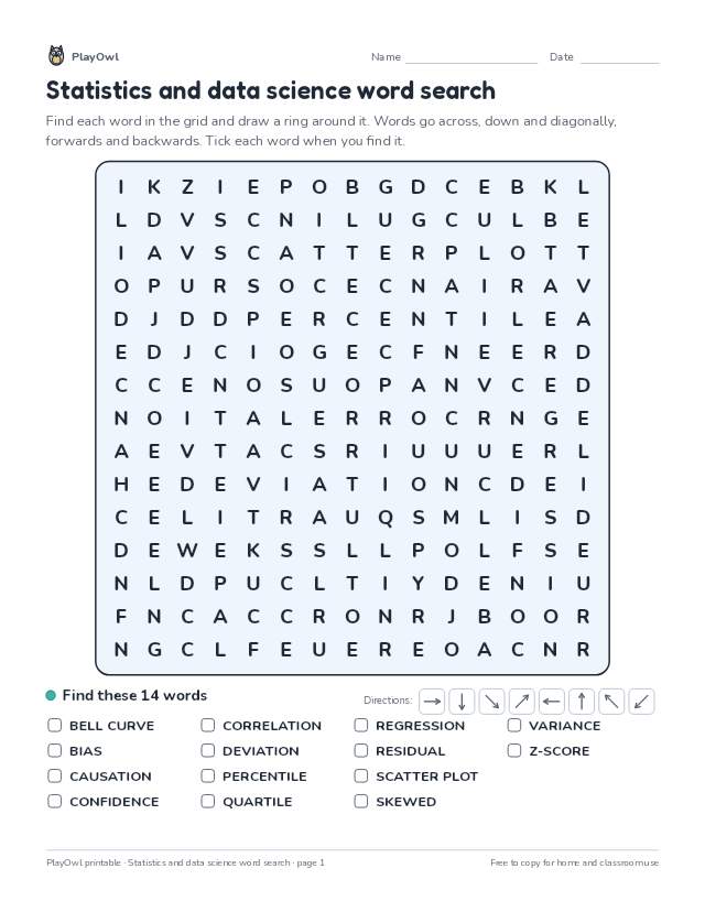 Statistics and data science word search: word search for Grade 11, page 1 preview