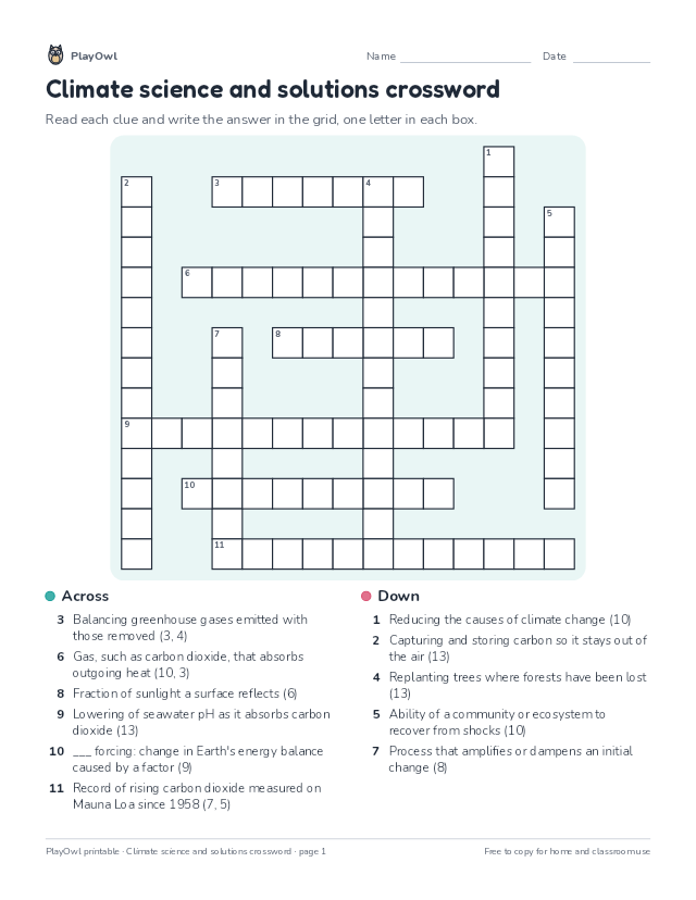 Climate science and solutions crossword: crossword puzzle for Grade 11, page 1 preview