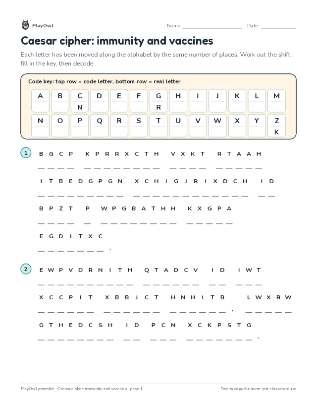 Caesar cipher: immunity and vaccines: secret code puzzle for Grade 11, page 1 preview