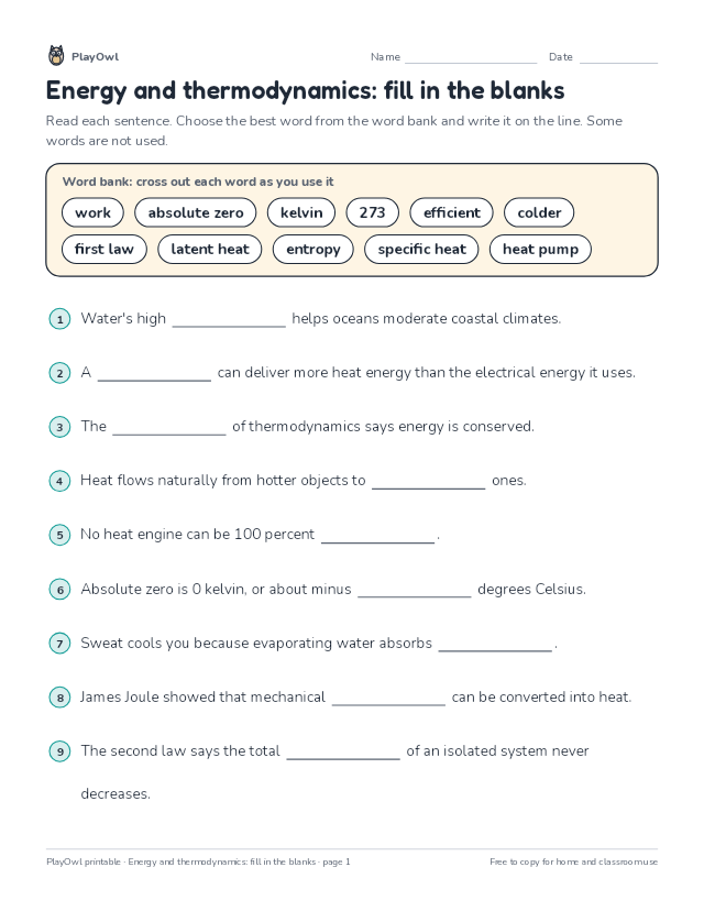 Energy and thermodynamics: fill in the blanks: fill-in-the-blank worksheet for Grade 11, page 1 preview