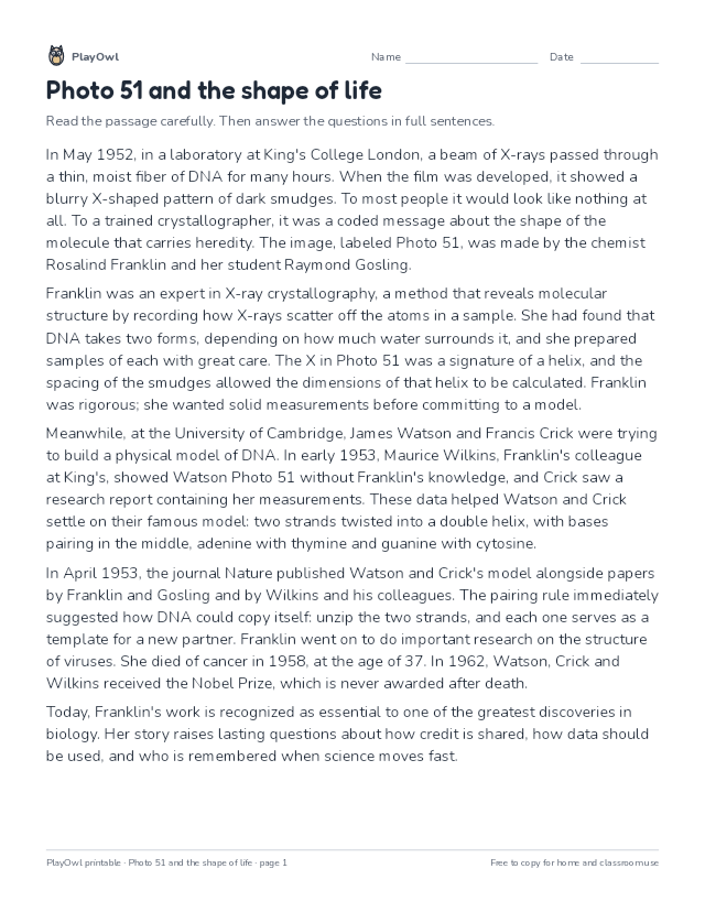 Photo 51 and the shape of life: reading passage for Grade 11, page 1 preview