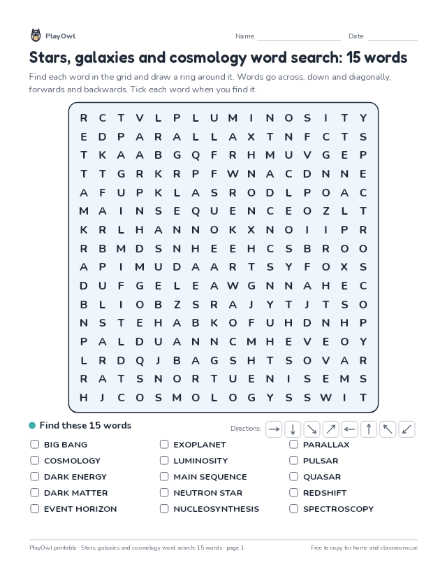 Stars, galaxies and cosmology word search: 15 words: word search for Grade 11, page 1 preview