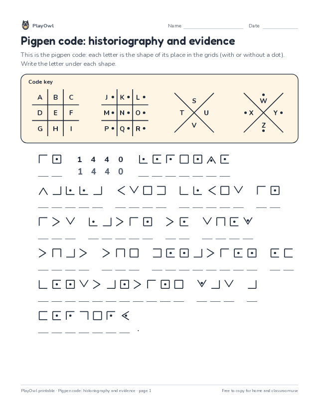 Pigpen code: historiography and evidence: secret code puzzle for Grade 11, page 1 preview