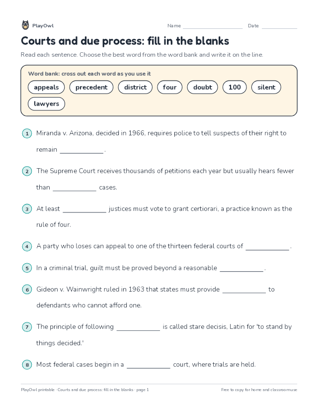 Courts and due process: fill in the blanks: fill-in-the-blank worksheet for Grade 11, page 1 preview