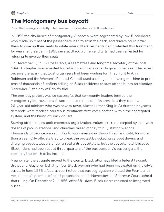 The Montgomery bus boycott: reading passage for Grade 11, page 1 preview