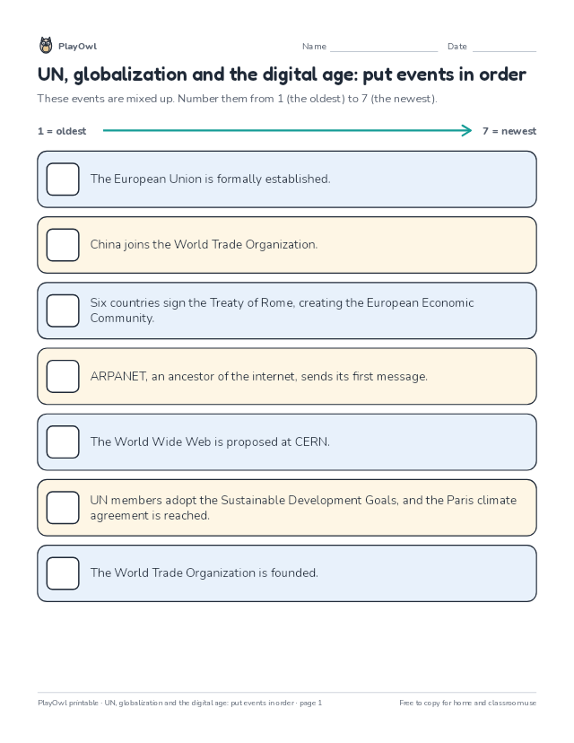 UN, globalization and the digital age: put events in order: timeline worksheet for Grade 11, page 1 preview