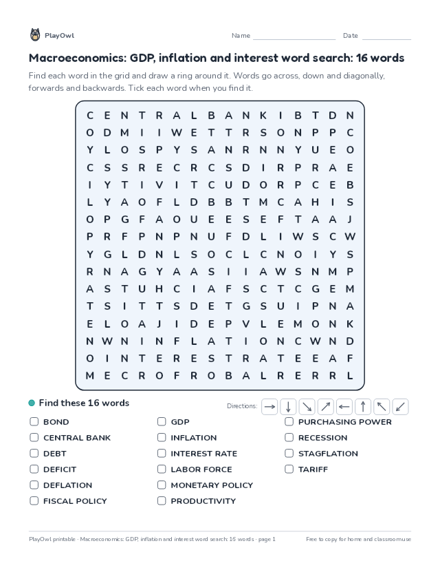 Macroeconomics: GDP, inflation and interest word search: 16 words: word search for Grade 11, page 1 preview