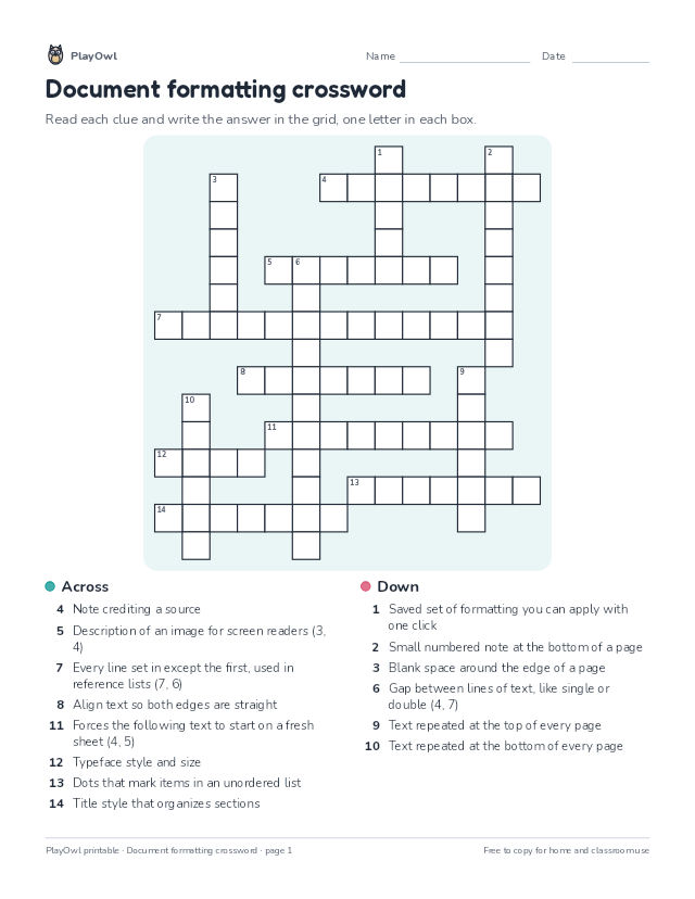 Document formatting crossword: crossword puzzle for Grade 11, page 1 preview