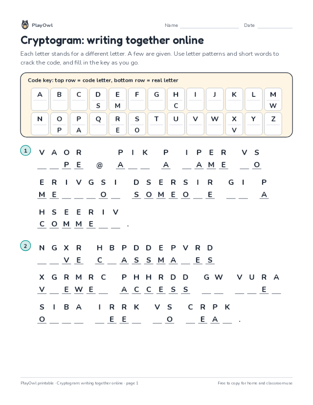 Cryptogram: writing together online: secret code puzzle for Grade 11, page 1 preview