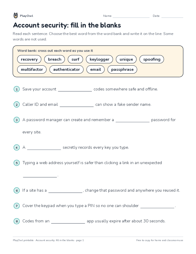 Account security: fill in the blanks: fill-in-the-blank worksheet for Grade 11, page 1 preview