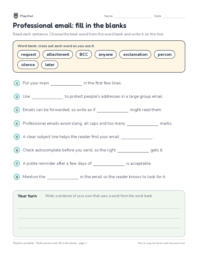 Professional email: fill in the blanks: fill-in-the-blank worksheet for Grade 11, page 1 preview