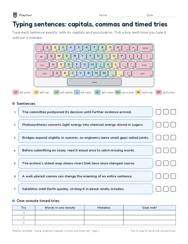 Typing sentences: capitals, commas and timed tries: typing worksheet for Grades 11–12, page 1 preview