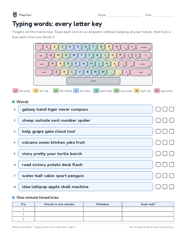 Typing words: every letter key: typing worksheet for Grade 11, page 1 preview