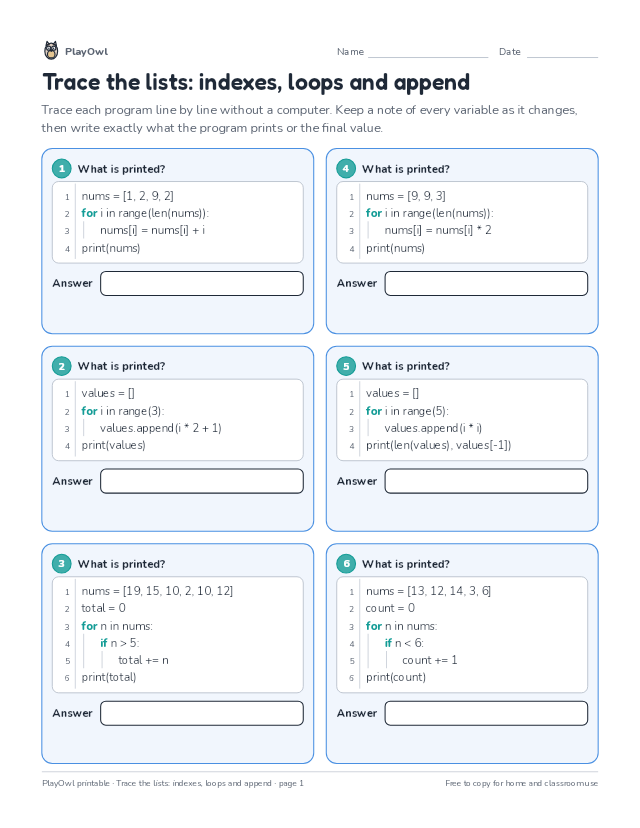 Trace the lists: indexes, loops and append: coding worksheet for Grade 12, page 1 preview