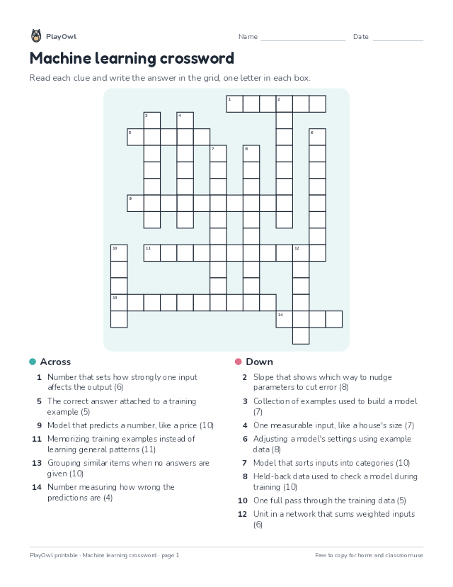 Machine learning crossword: crossword puzzle for Grade 12, page 1 preview