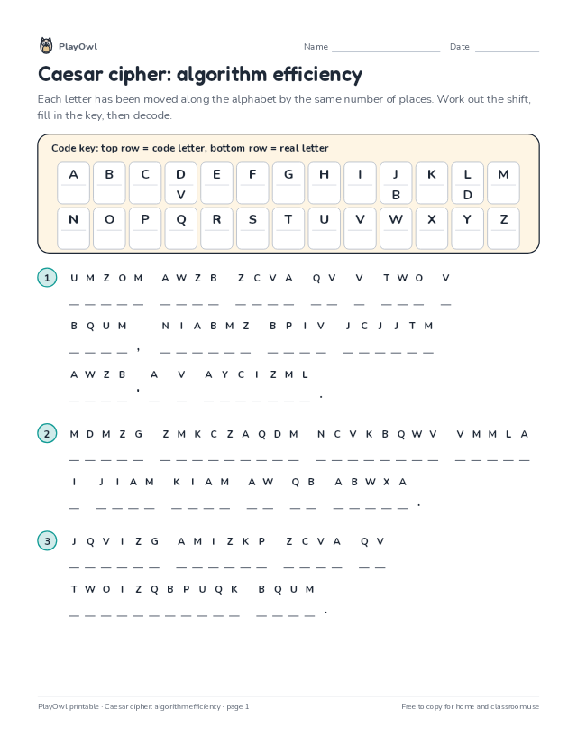 Caesar cipher: algorithm efficiency: secret code puzzle for Grade 12, page 1 preview
