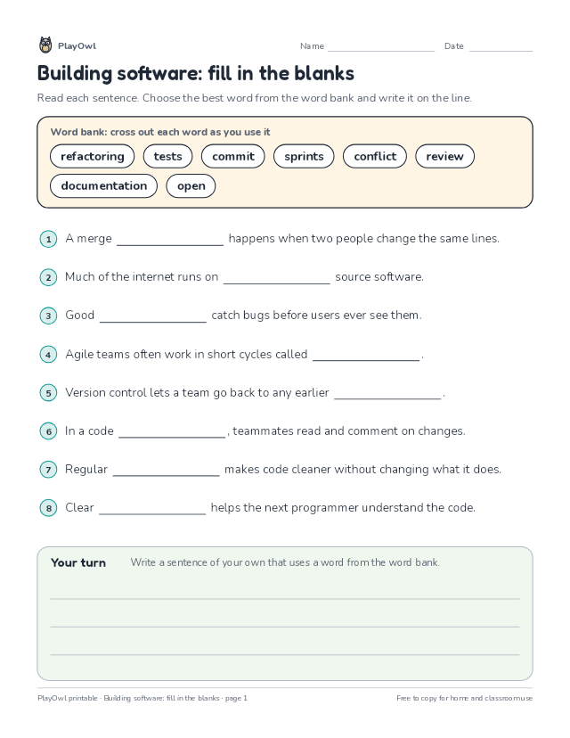 Building software: fill in the blanks: fill-in-the-blank worksheet for Grade 12, page 1 preview