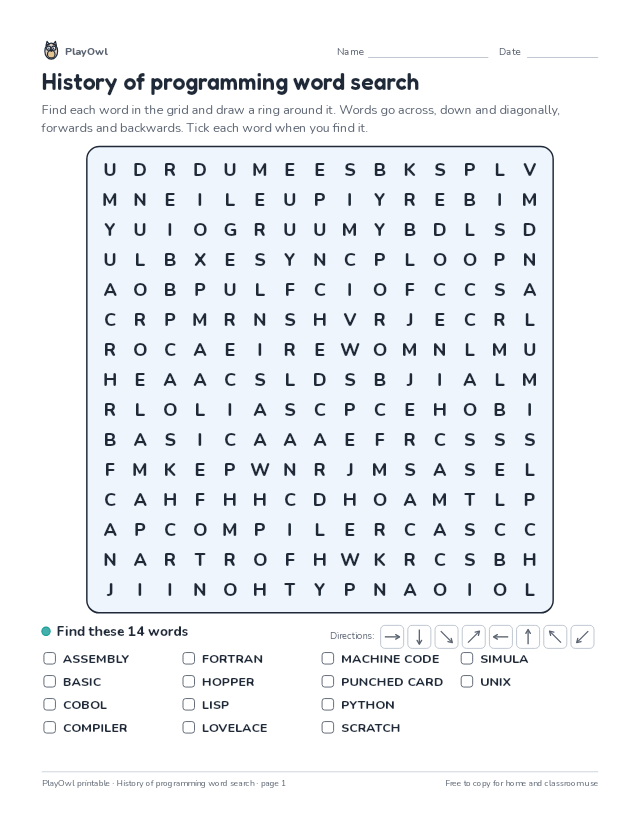 History of programming word search: word search for Grade 12, page 1 preview