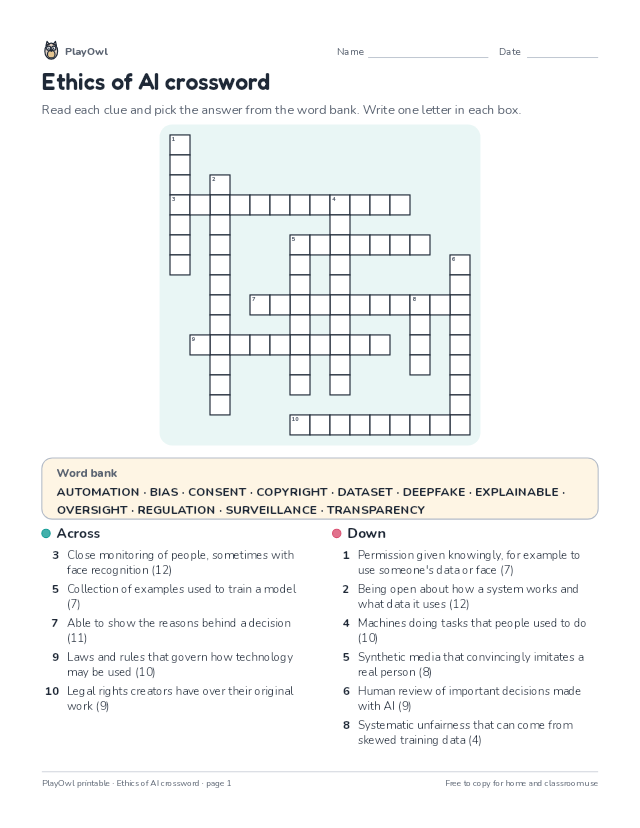 Ethics of AI crossword: crossword puzzle for Grade 12, page 1 preview