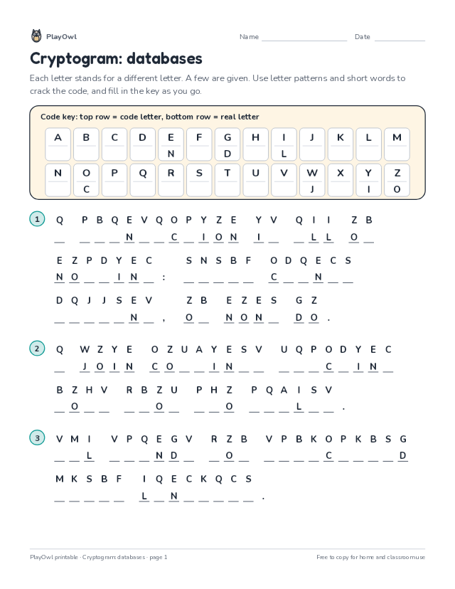Cryptogram: databases: secret code puzzle for Grade 12, page 1 preview