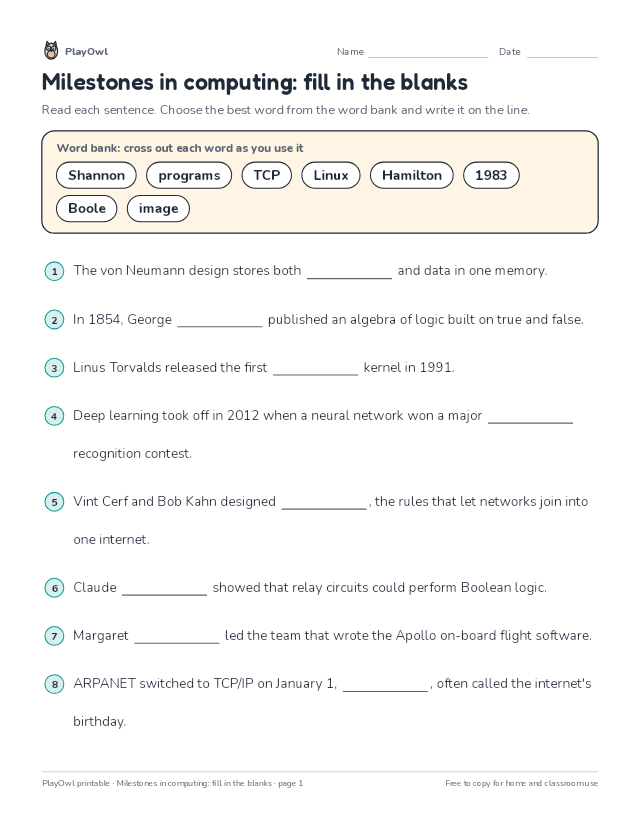 Milestones in computing: fill in the blanks: fill-in-the-blank worksheet for Grade 12, page 1 preview