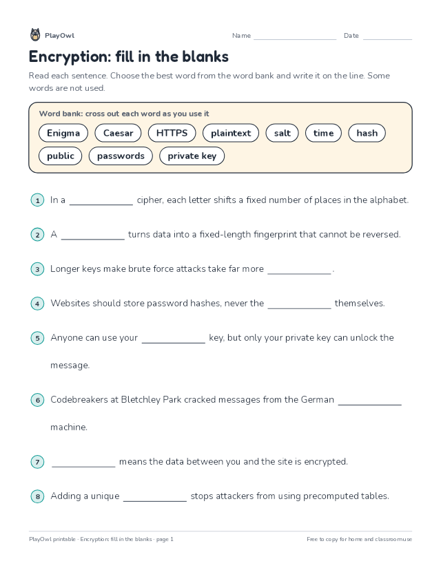 Encryption: fill in the blanks: fill-in-the-blank worksheet for Grade 12, page 1 preview