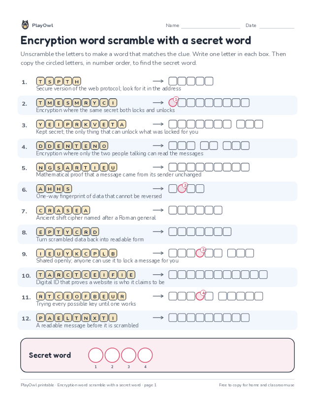 Encryption word scramble with a secret word: word scramble for Grade 12, page 1 preview