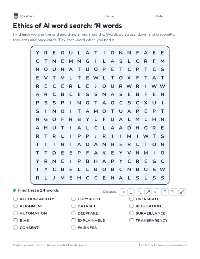 Ethics of AI word search: 14 words: word search for Grade 12, page 1 preview
