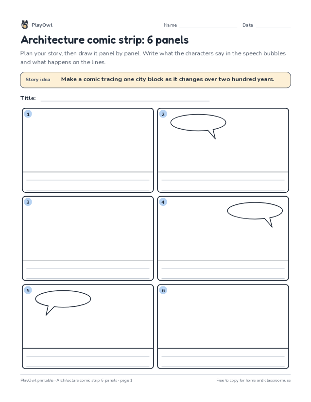 Architecture comic strip: 6 panels: comic strip worksheet for Grade 12, page 1 preview