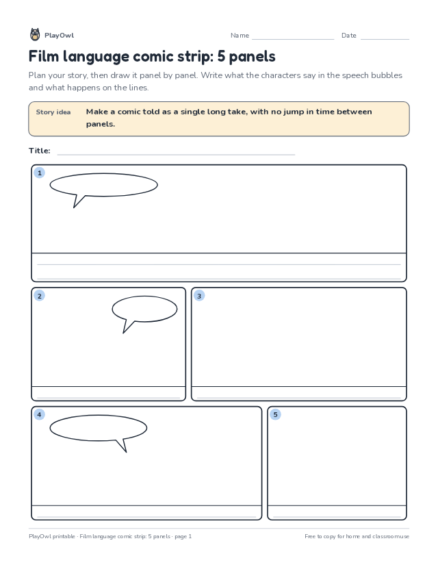 Film language comic strip: 5 panels: comic strip worksheet for Grade 12, page 1 preview