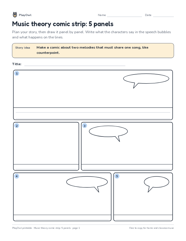 Music theory comic strip: 5 panels: comic strip worksheet for Grade 12, page 1 preview