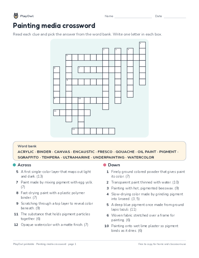 Painting media crossword: crossword puzzle for Grade 12, page 1 preview