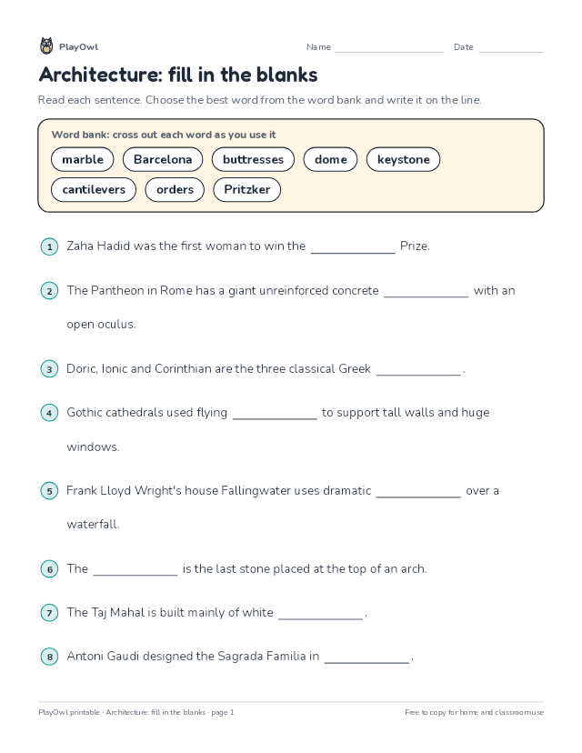 Architecture: fill in the blanks: fill-in-the-blank worksheet for Grade 12, page 1 preview