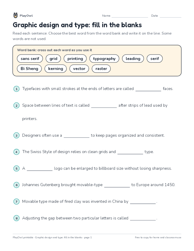 Graphic design and type: fill in the blanks: fill-in-the-blank worksheet for Grade 12, page 1 preview