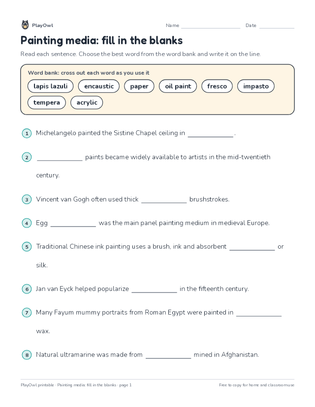 Painting media: fill in the blanks: fill-in-the-blank worksheet for Grade 12, page 1 preview