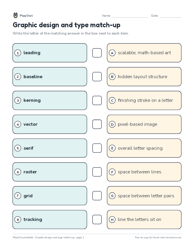 Graphic design and type match-up: matching worksheet for Grade 12, page 1 preview