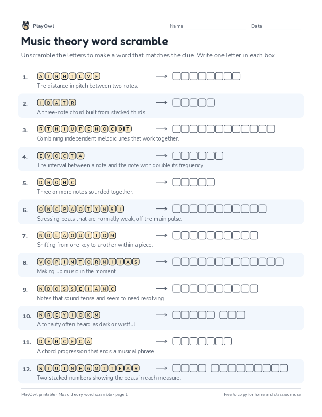 Music theory word scramble: word scramble for Grade 12, page 1 preview