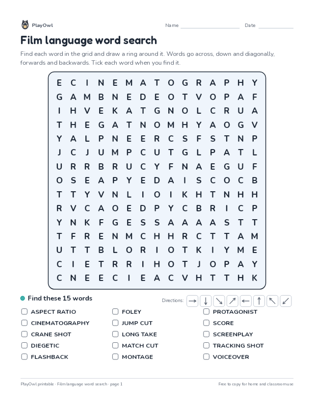 Film language word search: word search for Grade 12, page 1 preview