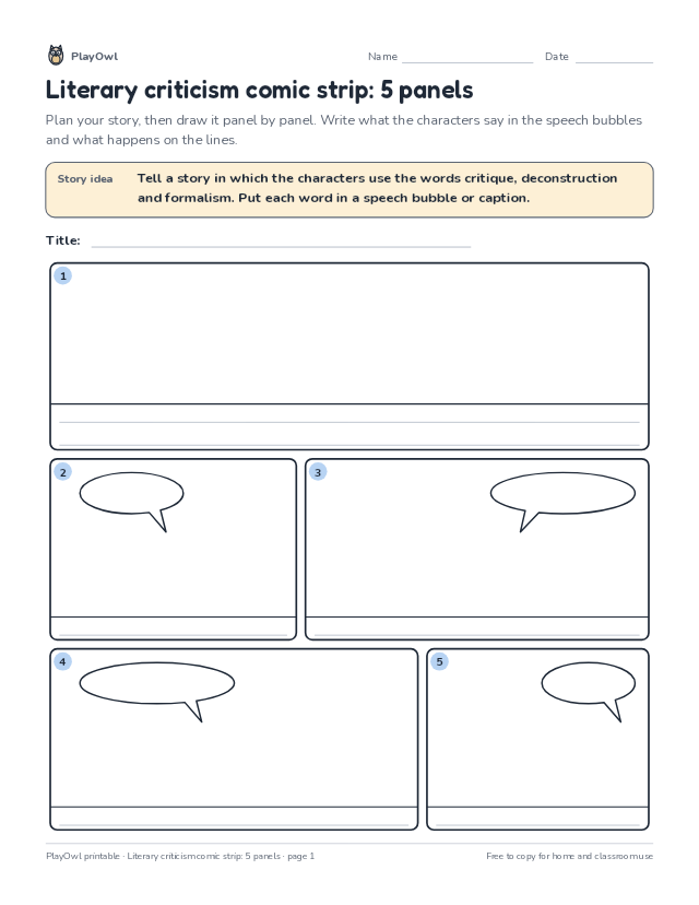 Literary criticism comic strip: 5 panels: comic strip worksheet for Grade 12, page 1 preview