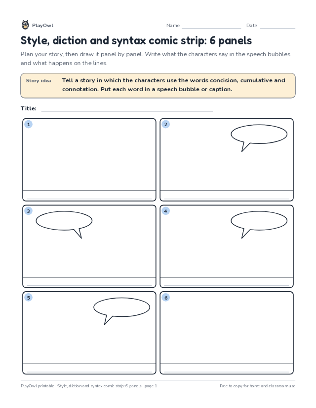 Style, diction and syntax comic strip: 6 panels: comic strip worksheet for Grade 12, page 1 preview