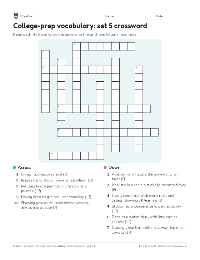 College-prep vocabulary: set 5 crossword: crossword puzzle for Grade 12, page 1 preview