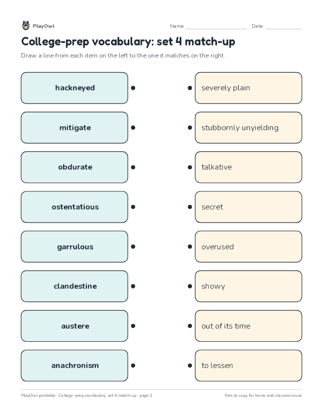 College-prep vocabulary: set 4 match-up: matching worksheet for Grade 12, page 1 preview