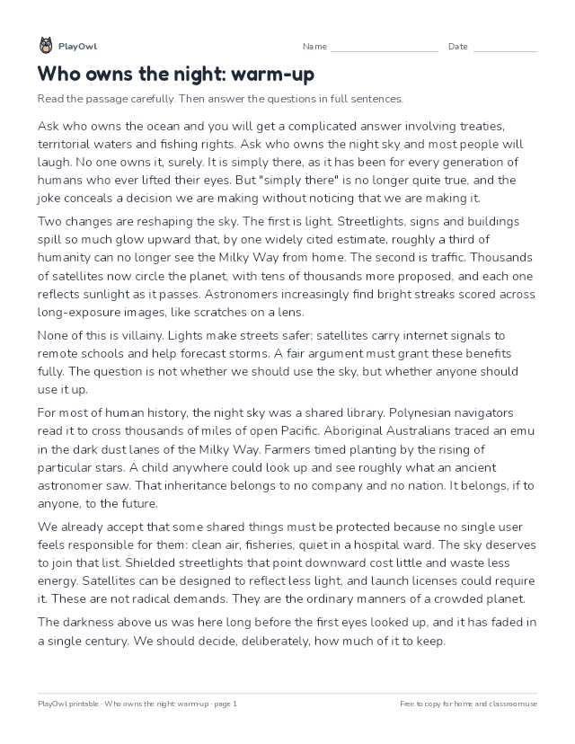 Who owns the night: warm-up: reading passage for Grade 12, page 1 preview
