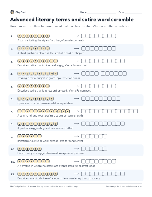 Advanced literary terms and satire word scramble: word scramble for Grade 12, page 1 preview